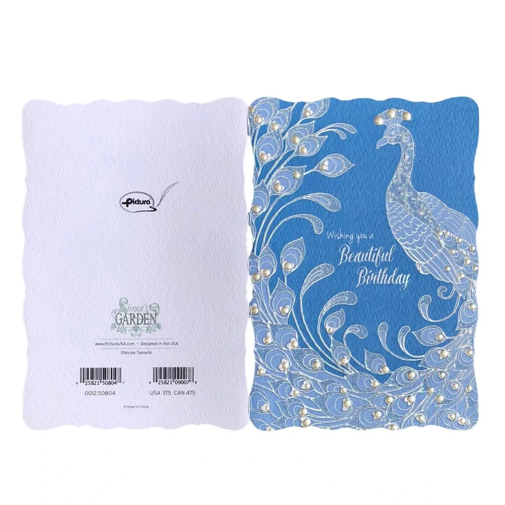 Sienna’s Garden Lace Embossed Peacock Birthday Card w/Embossed Pearlescent Env